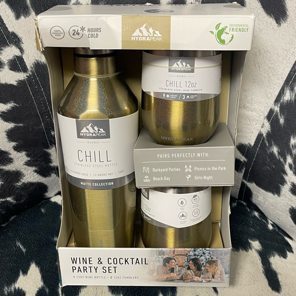 Gold Opalescent Stainless Steel Bottle and Two Stainless Steel Glasses